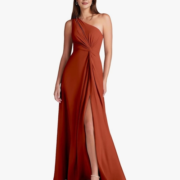 New With tags Chic One-Shoulder Rust Dress - Picture 1 of 5